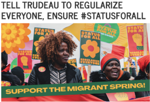 Image of Black women at a rally holding placards that read "Status for All: Regularize Everyone!" with the words "TELL TRUDEAU TO REGULARIZE EVERYONE, ENSURE #STATUSFORALL" above the picture and the words "SUPPORT THE MIGRANT SPRING!" below